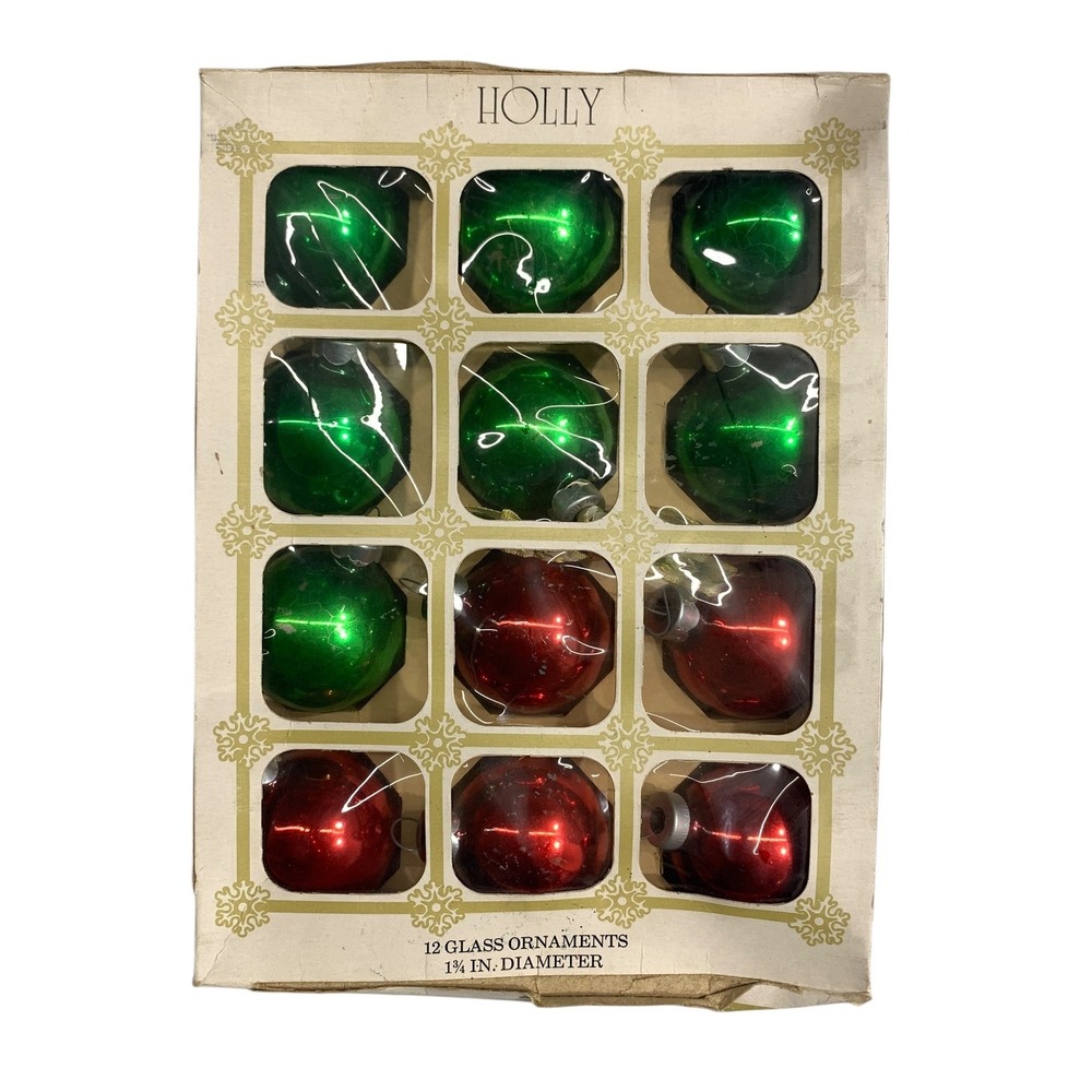 Holly Glass‎ Ornaments Red-5 Green-7 Round 12 Piece Set 1 1/4 Inch Diameter